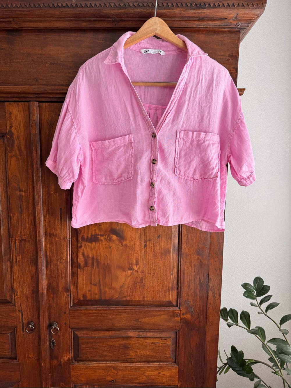 Zara Pink Linen Button Down Cropped Top Front Pockets